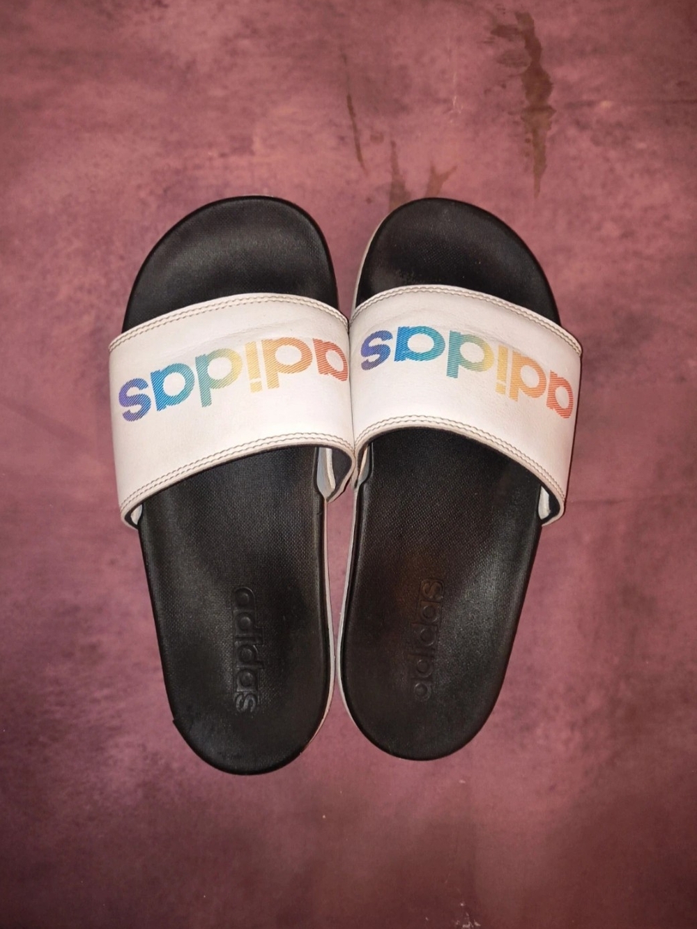 adidas Kids/Women's White Slide Sandals with Rainbow Logo